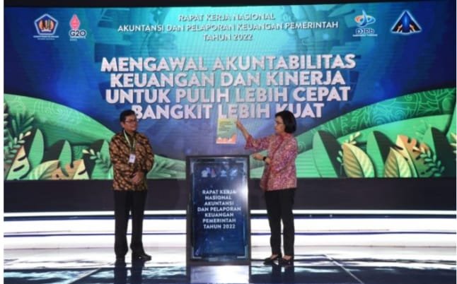 Menteri Keuangan RI Sri Mulyani membuka Rapat Kerja Nasional Akuntansi dan Pelaporan Keuangan Pemerintah tahun 2022 di Gedung Dhanapala Kementrian Keuangan, Kamis (22/9/2022). Foto: Humas Kemenkeu RI