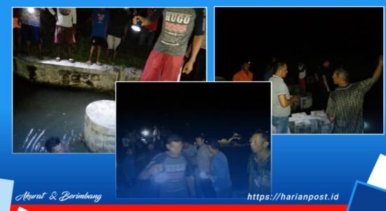 Anggota polsek Wonosari, di bantu aparat desa Harapan dan masyarakat mencari korban tenggelam di saluran irigasi desa Harapan, Kecamatan Wonosari