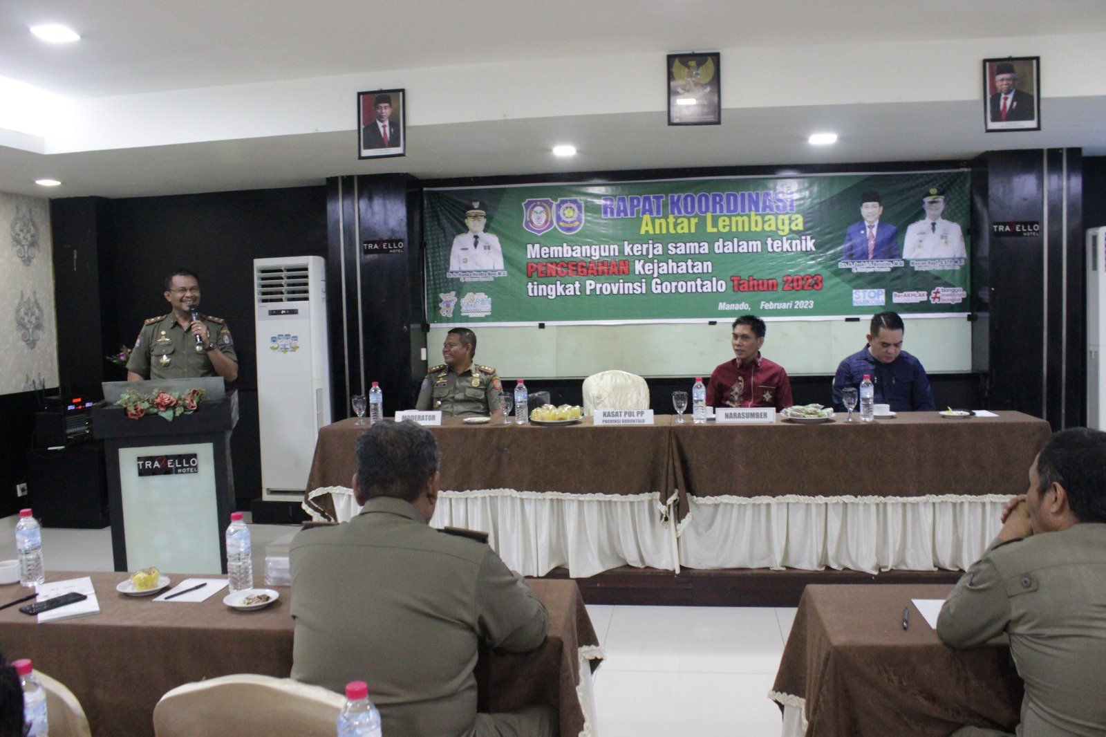 Kasatpol PP Provinsi Gorontalo Masran Rauf mengikuti kegiatan rapat Koordinasi Antar lembaga membangun kerja sama dalam tekhnik pencegahan kejahatan tingkat Provinsi Gorontalo Jumat (24/2/2023) di Hotel Travelo Manado Provinsi Sulawesi Utara.