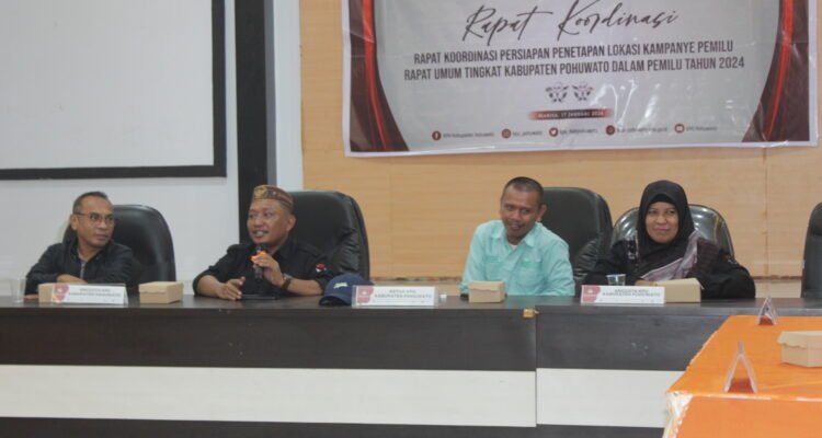 KPU Pohuwato menggelar rapat koordinasi persiapan lokasi pelaksanaan kampanye rapat umu pemilu 2024. Rabu, 17 Januari 2024