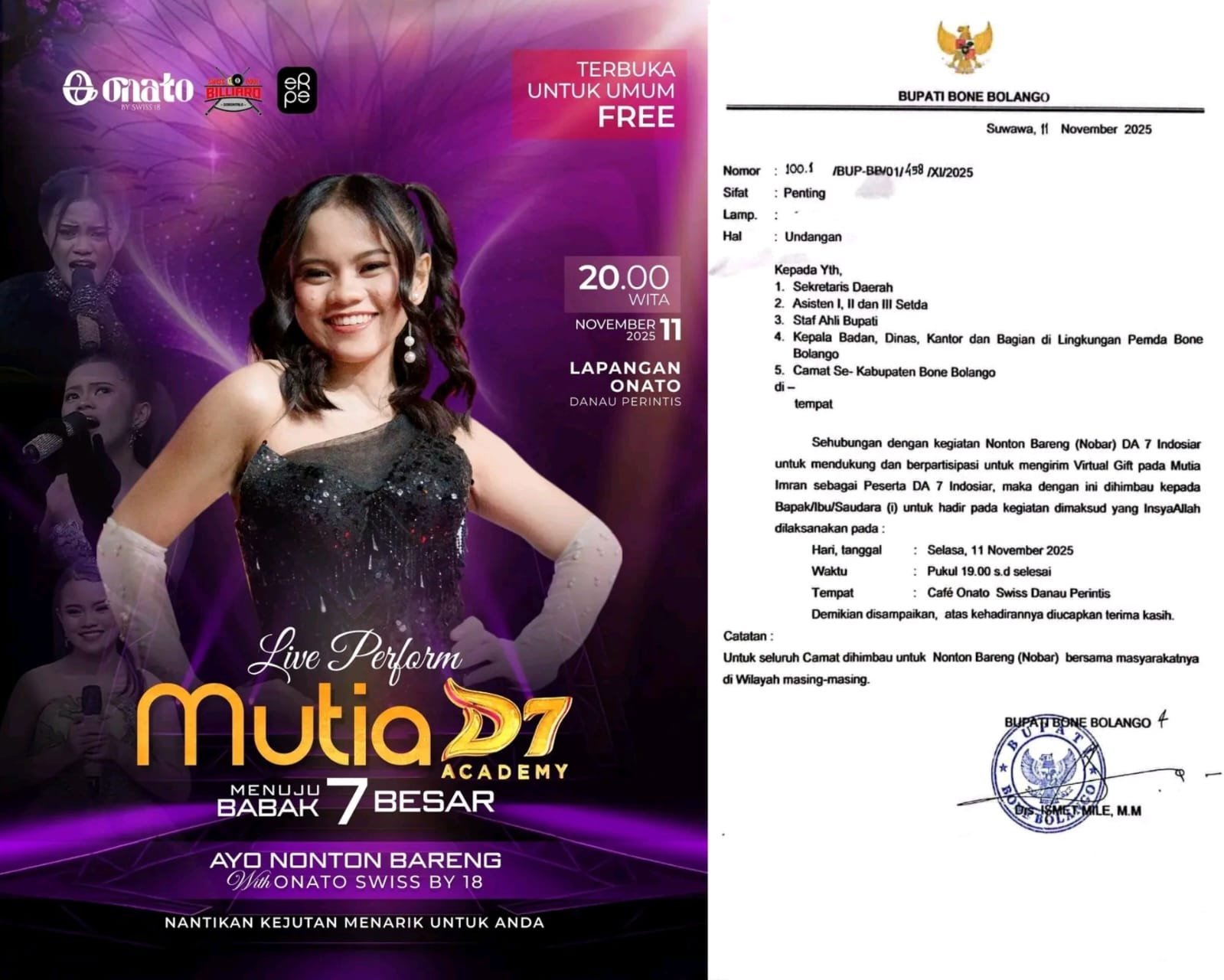 Bupati Bone Bolango, Ismet Mile Ajak Masyarakat Dukung Mutia di Dangdut Academy 7