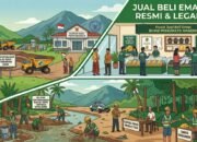 Ilustrasi yang menampilkan kegiatan pertambangan rakyat dan tata niaga emas