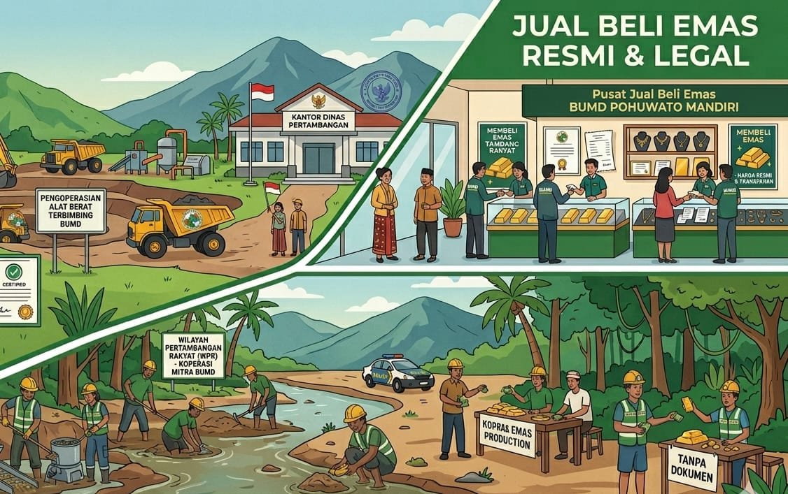 Ilustrasi yang menampilkan kegiatan pertambangan rakyat dan tata niaga emas