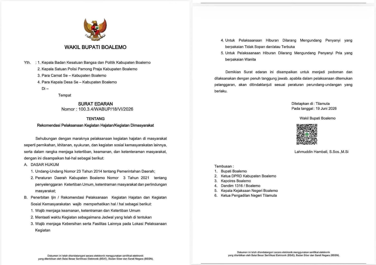 Surat Edaran Pemkab Boalemo Terkait Rekomendasi Pelaksanaan Kegiatan Hajatan Dimasyarakat. (Foto Istimewa)