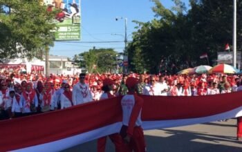 Gelaran Apel Pembagian dan Pembentangan Bendera Merah Putih sepanjang 50 meter di Kawasan Centerpoint Bone Bolango, Senin, 3 Agustus 2026.